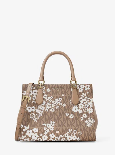 Michael Kors Outlet Marilyn Medium Printed Signature Logo Satchel In Brown