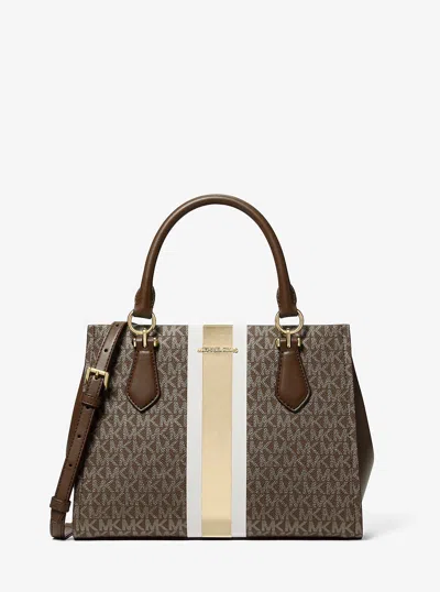 Michael Kors Outlet Marilyn Medium Signature Logo Stripe Satchel In Brown