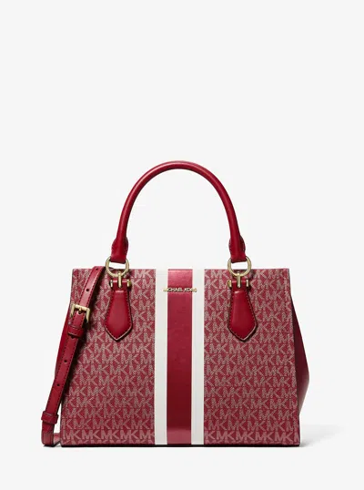 Michael Kors Outlet Marilyn Medium Signature Logo Stripe Satchel In Red
