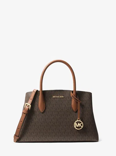 Michael Kors Outlet Maya Medium Signature Logo Satchel In Brown