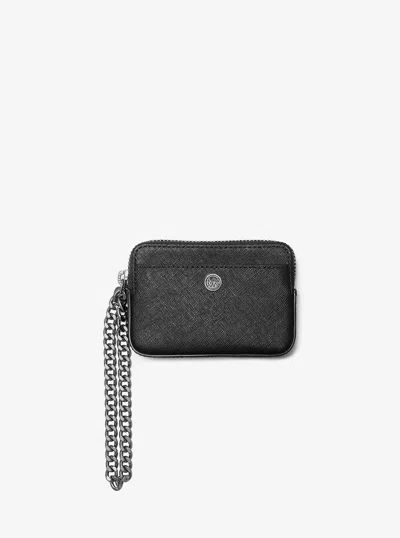 Michael Kors Outlet Medium Saffiano Leather Chain Card Case In Black