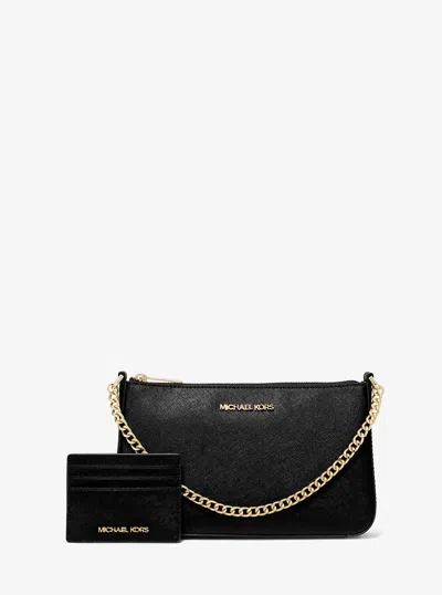Michael Kors Outlet Medium Saffiano Leather Shoulder Bag And Card Case Gift Set In Black