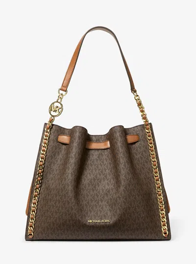 Michael Kors Outlet Mina Large Signature Logo Chain Shoulder Bag In Brown