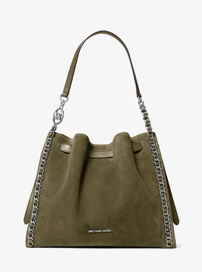 Michael Kors Outlet Mina Large Suede Chain Shoulder Bag In Green