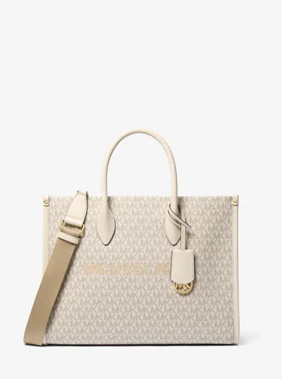 Michael Kors Outlet Mirella Medium Signature Logo Tote Bag In Natural