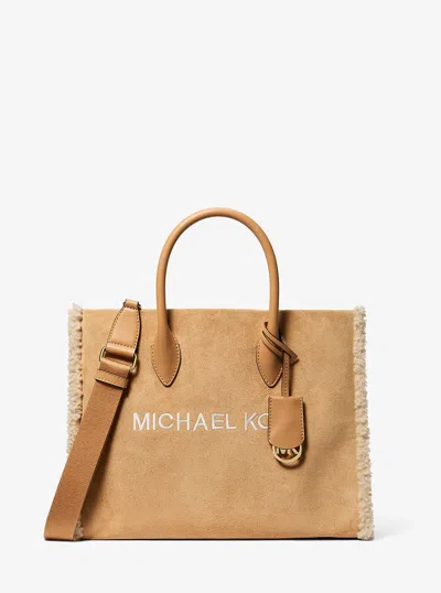Michael Kors Outlet Mirella Medium Suede And Faux Shearling Tote Bag In Brown