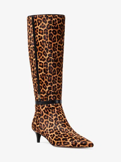 Michael Kors Outlet Nalia Leopard Print Calf Hair Kitten Heel Boot In Brown