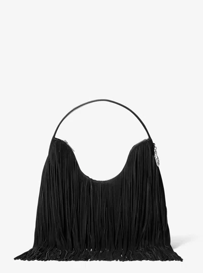 Michael Kors Outlet Nayla Medium Frayed Suede Hobo Shoulder Bag In Black