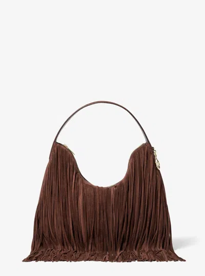 Michael Kors Outlet Nayla Medium Fringed Suede Hobo Shoulder Bag In Brown