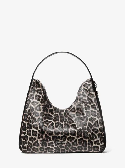 Michael Kors Outlet Nayla Medium Leopard Print Calf Hair Hobo Shoulder Bag In Black