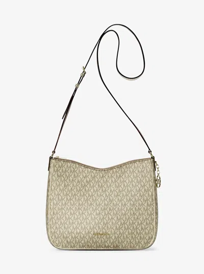 Michael Kors Outlet Nayla Medium Metallic Signature Logo Messenger Bag In Neutral