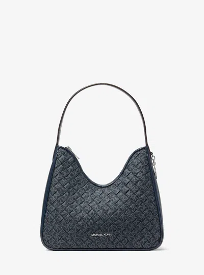 Michael Kors Outlet Nayla Small Woven Signature Logo Hobo Shoulder Bag In Blue