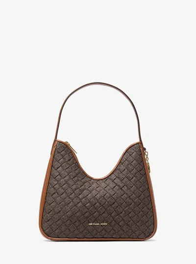Michael Kors Outlet Nayla Small Woven Signature Logo Hobo Shoulder Bag In Brown