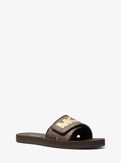 Michael Kors Outlet Palmer Signature Logo Slide Sandal In Brown
