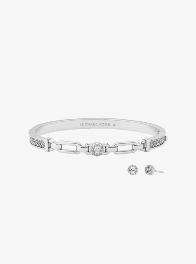 Michael Kors Outlet Pavé Logo Bangle And Stud Earrings Gift Set In Silver
