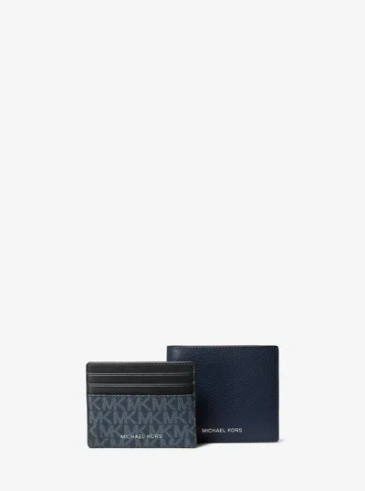 Michael Kors Outlet Pebbled Leather Billfold Wallet And Signature Logo Card Case Gift Set In Blue
