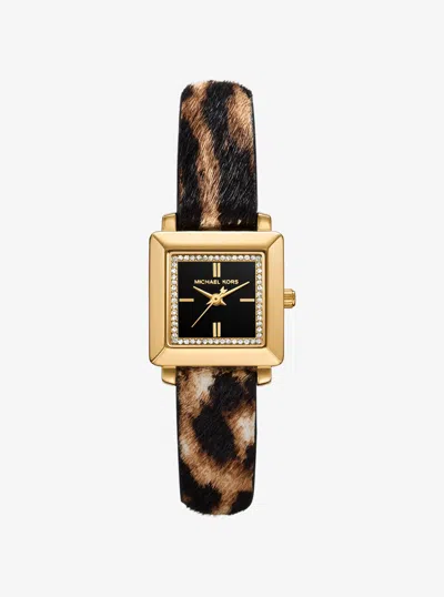 Michael Kors Outlet Petite Gwynn Pavé Gold-tone And Leopard Print Calf Hair Strap Watch