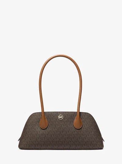 Michael Kors Outlet Petra Medium Signature Logo Shoulder Bag In Brown