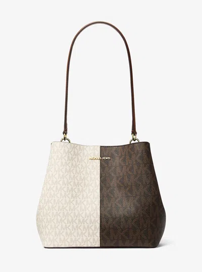 Michael Kors Outlet Pratt Medium Two-tone Signature Logo Shoulder Bag In Brown