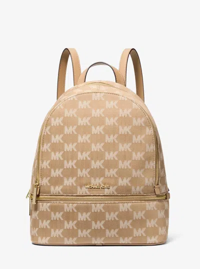 Michael Kors Outlet Rhea Medium Logo Jacquard Denim Backpack In Sand