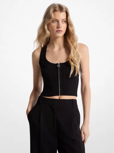 Michael Kors Outlet Ribbed Viscose Blend Zip-up Tank Top In Black