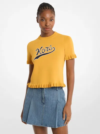 Michael Kors Outlet Ruffled Stretch Knit Logo Short-sleeve Sweater In Multi