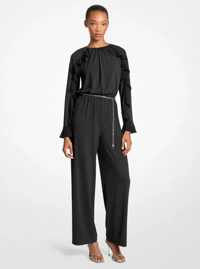 Michael Kors Outlet Ruffled Stretch Matte Jersey Belted Jumpsuit In Black