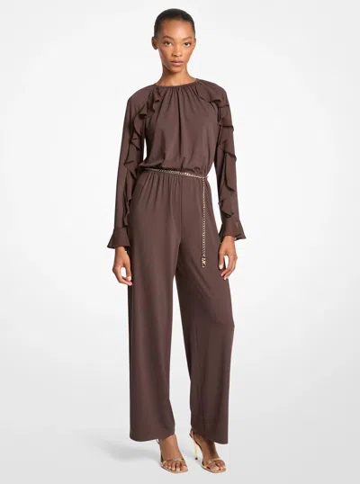 Michael Kors Outlet Ruffled Stretch Matte Jersey Belted Jumpsuit In Gold
