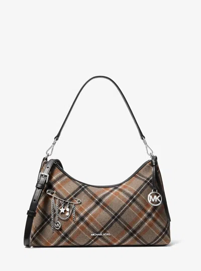 Michael Kors Outlet Sammy Medium Plaid Print Wool Blend Convertible Shoulder Bag In Black