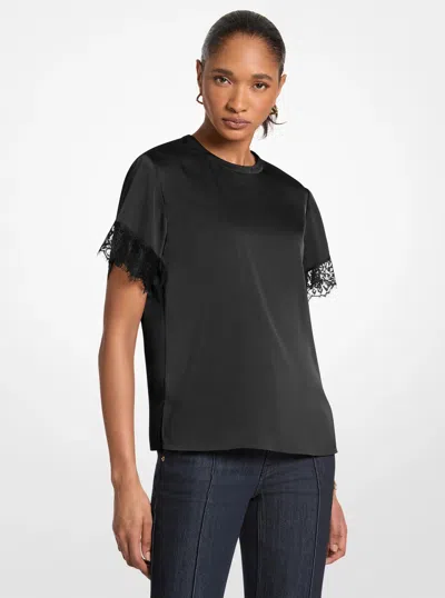 Michael Kors Outlet Satin Lace Trim Shirt In Black