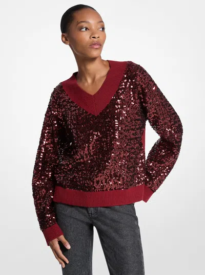 Michael Kors Outlet Sequined Cotton Blend Sweater In Burgundy
