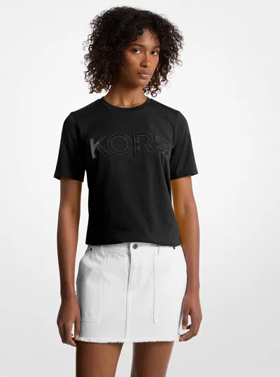 Michael Kors Outlet Sequined Logo Cotton T-shirt In Black