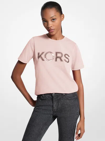 Michael Kors Outlet Sequined Logo Cotton T-shirt In Pink