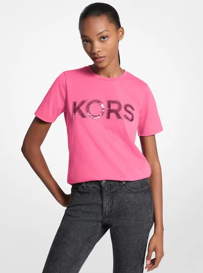 Michael Kors Outlet Sequined Logo Cotton T-shirt In Pink