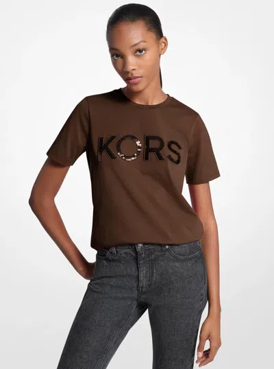 Michael Kors Outlet Sequined Logo Cotton T-shirt In Gold