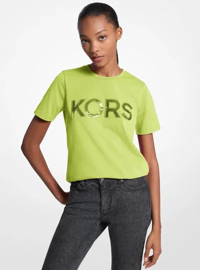 Michael Kors Outlet Sequined Logo Cotton T-shirt In Green