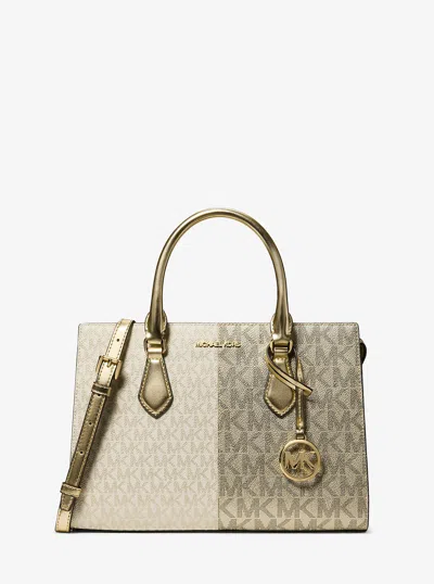 Michael Kors Outlet Sheila Medium Two-tone Metallic Signature Logo Satchel In Gold