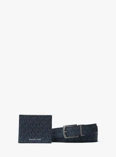 Michael Kors Outlet Signature Logo Billfold Wallet And Belt Gift Set In Blue