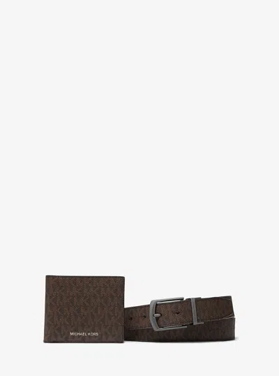 Michael Kors Outlet Signature Logo Billfold Wallet And Belt Gift Set In Brown