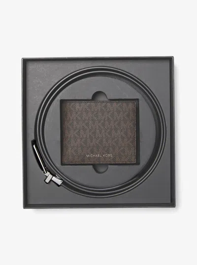 Michael Kors Outlet Signature Logo Billfold Wallet And Belt Gift Set In Brown