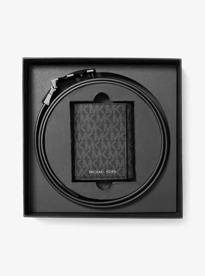 Michael Kors Outlet Signature Logo Tri-fold Card Case And Belt Gift Set In Black