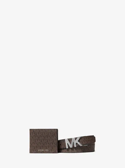 Michael Kors Outlet Signature Logo Wallet And Reversible Belt Gift Set In Brown