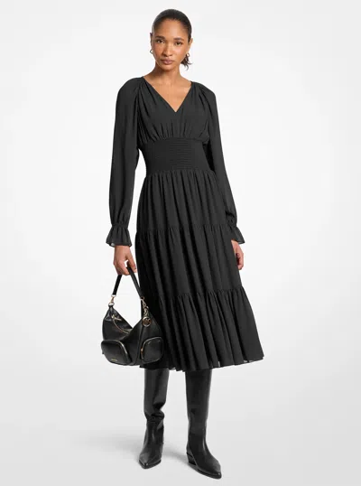Michael Kors Outlet Smocked Georgette Midi Dress In Black