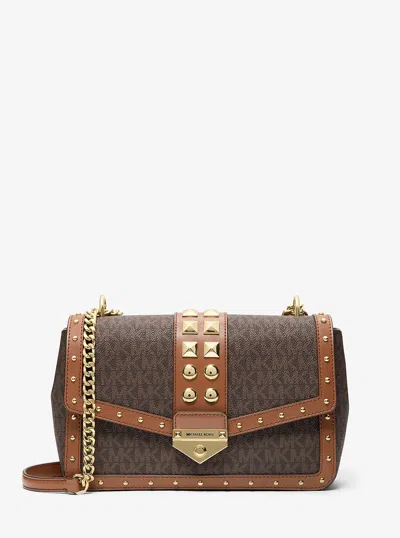 Michael Kors Outlet Soho Large Studded Signature Logo Shoulder Bag In Brown