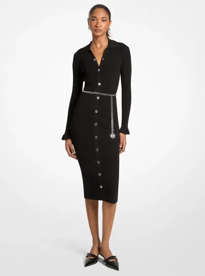 Michael Kors Outlet Stretch Knit Belted Midi Dress In Black