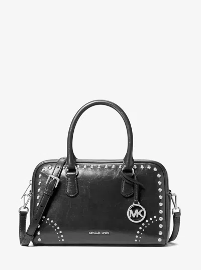 Michael Kors Outlet Thompson Medium Distressed Studded Satchel In Black
