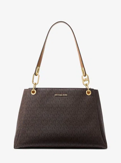 Michael Kors Outlet Trisha Large Logo Shoulder Bag In Brown