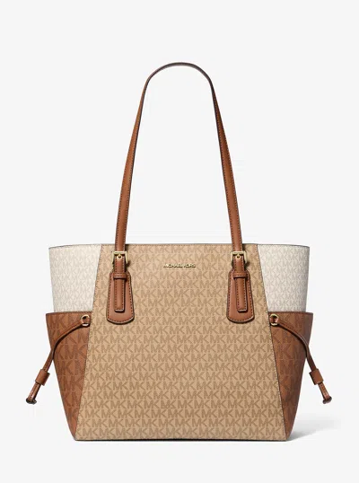 Michael Kors Outlet Voyager Large Color-block Signature Logo Tote Bag In Sand