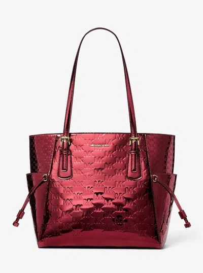 Michael Kors Outlet Voyager Large Metallic Logo Debossed Tote Bag In Red