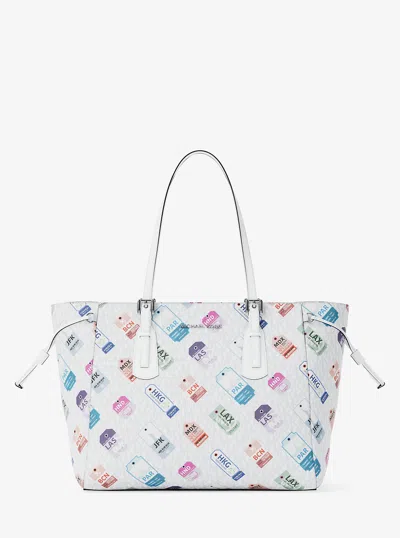 Michael Kors Outlet Voyager Large Printed Signature Logo Tote Bag In White